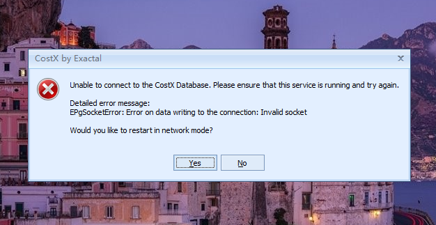 error: unable to connect to the CostX Database